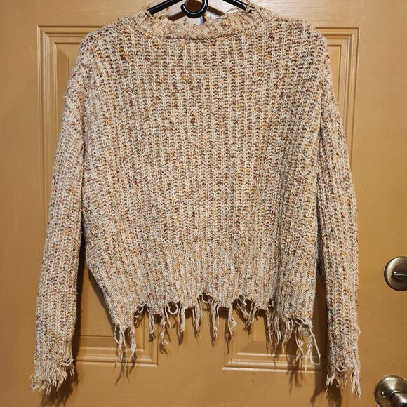 Jolt Women's Size Small Distressed Beige Speckled Knit Cropped Sweater V Neck - Picture 10 of 11
